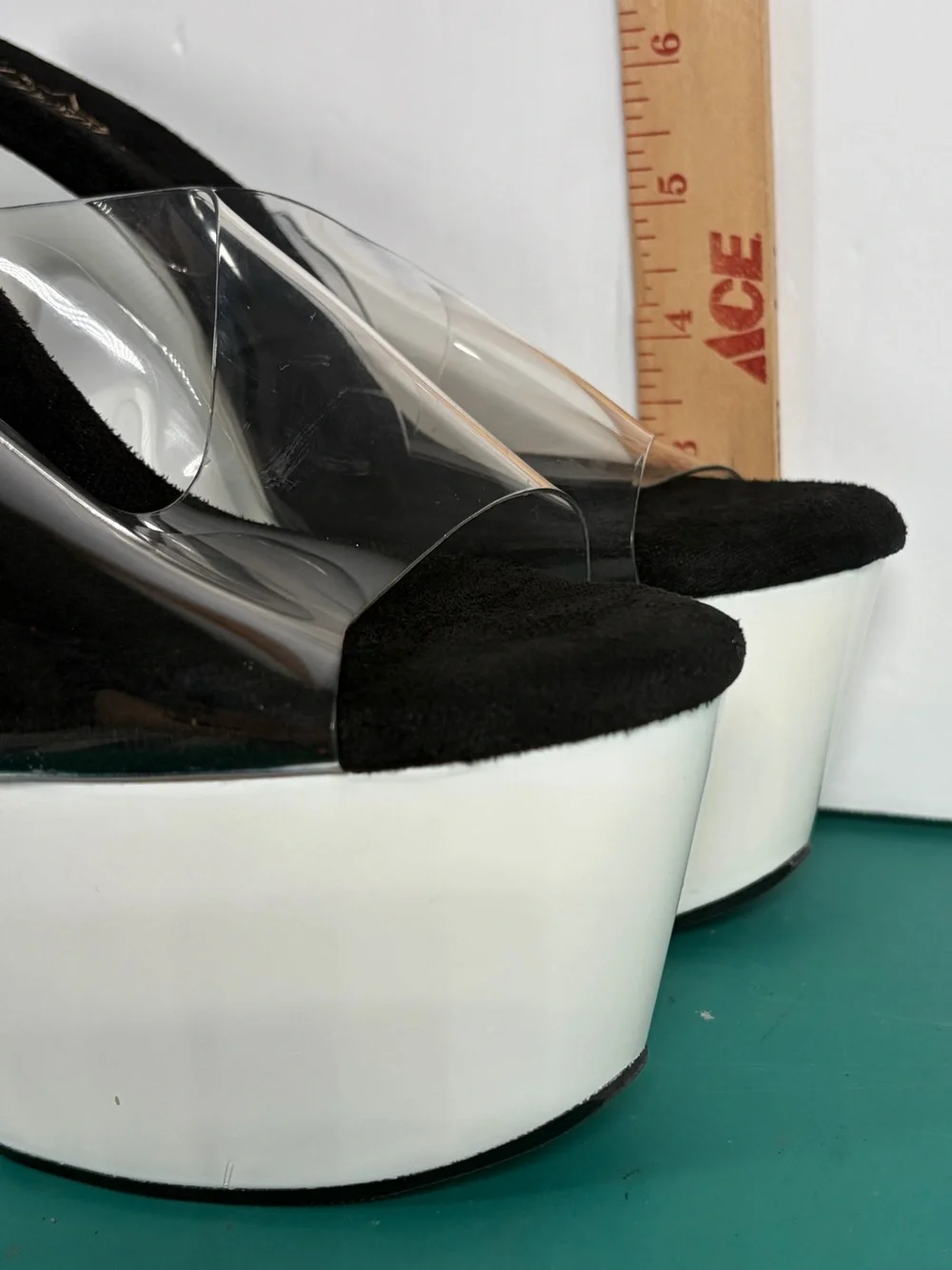 Pleaser Flamingo-801UV Clear White UV Reactive Platform Mule Heels Women’s